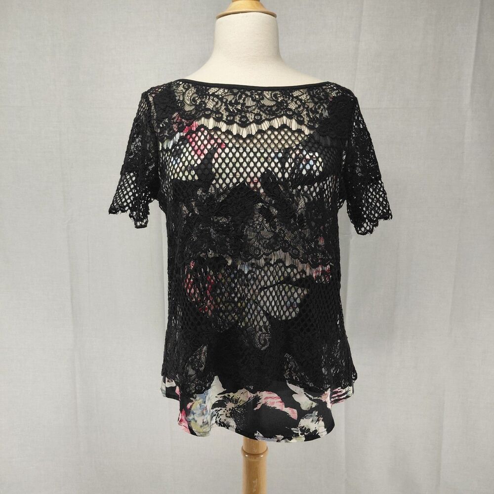White House Black Market Silk Floral Tank w/ Black Lace Overlay SS Top Sz M